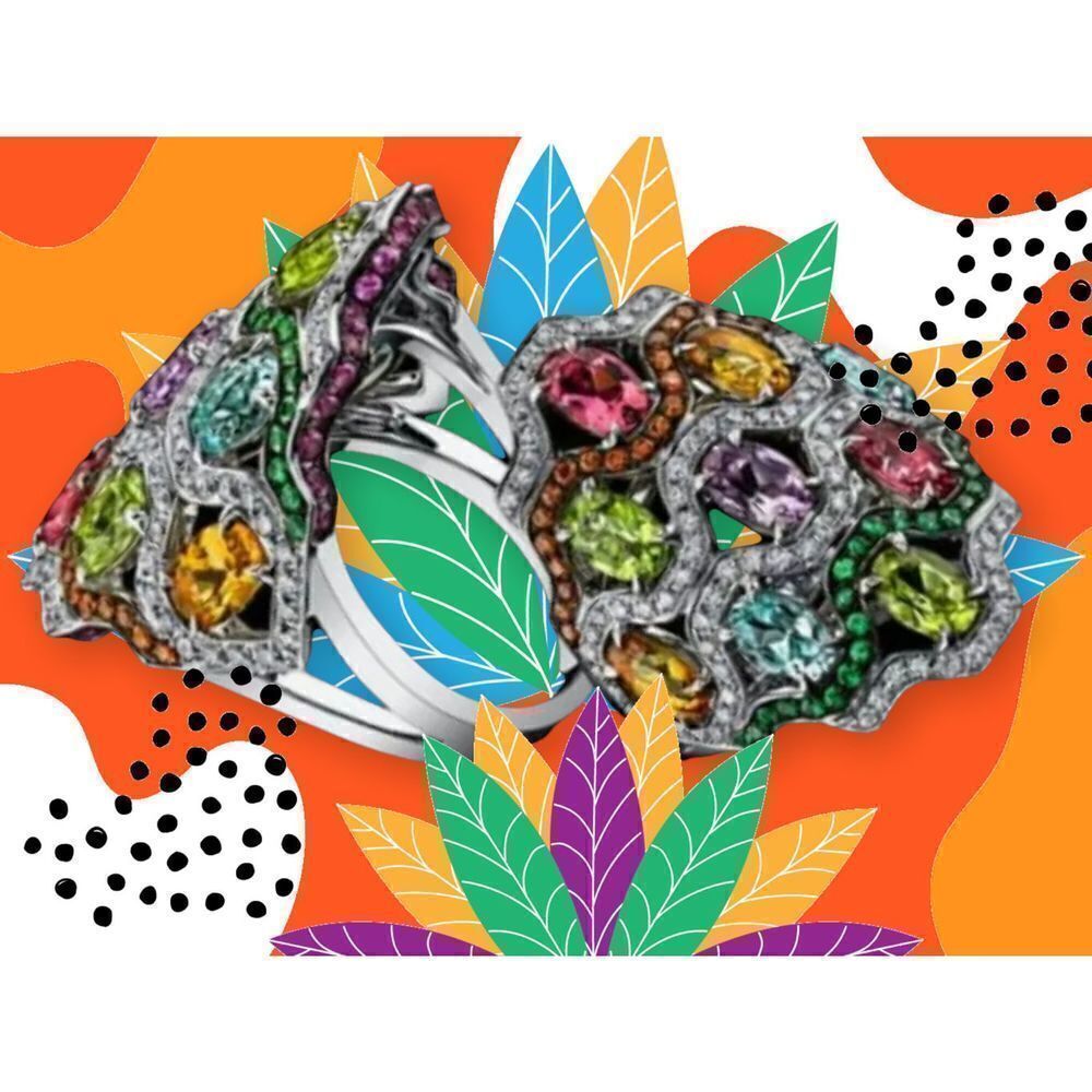 STUNNING MULTI-COLOUR MULTI-FACET 18KT WHITE GOLD FASHION RING SIZE 6,7,8,10